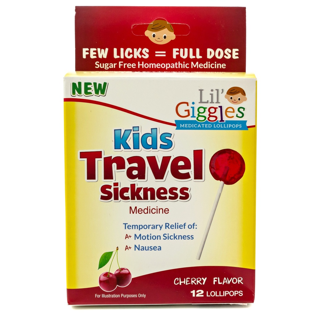 Lil' Giggles Kids Medicated Lollipops - Sweet Gentle Relief for Kids & Non-drowsy - for Car Sickness, Travel Nausea &amp; Motion Sickness Relief - Homeopathic Remedy Children's Love - Cherry Flavor 12 CT