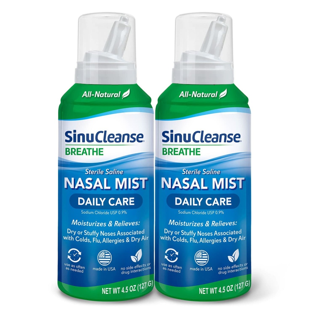SinuCleanse Daily Care Sterile Saline Nasal Spray, Ultra Fine Mist, Instantly Moisturizes " Relieves Everyday Nasal Congestion Due to Colds " Dry Air, 4.5 Oz (2 Pack), Made in USA