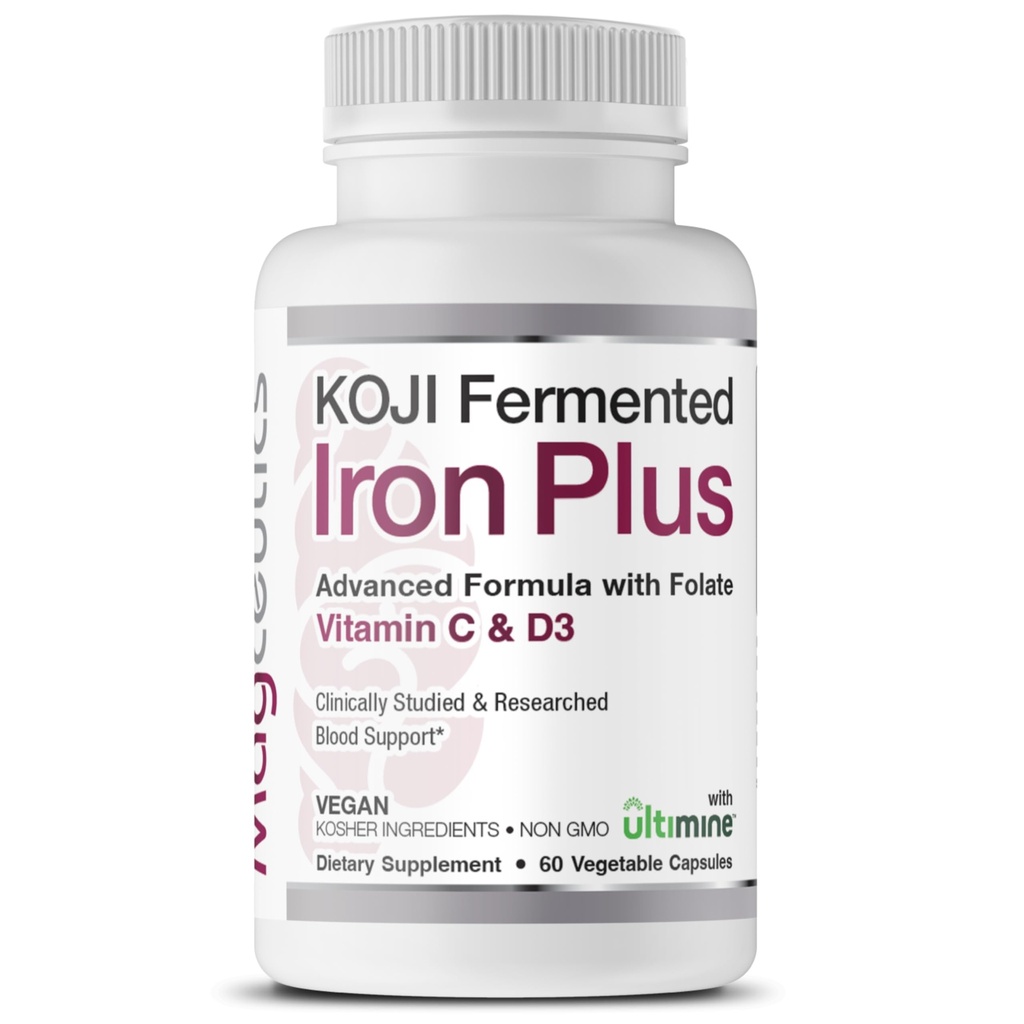 Koji Fermented Iron Plus - Suplemento de hierro con vitamina C, vitamina D3 y folato para el apoyo a la sangre, fácilmente absorbido y biodisponible, Stomach Friendly, Vegan, Non-GMO - 60 cápsulas