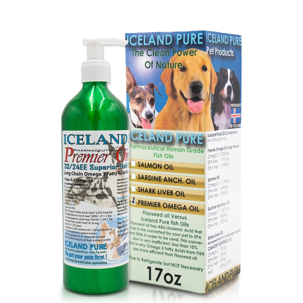 Premier Omega Petróleo Suplemento por Islandia Puro Silencioso Atrapado Ø 3053mg de Omega-3 por cucharada de té Silencio para grandes pechos de perros Silencio Ethyl Ester Distillation  Pump Bottle BPA Free Brushed Aluminum 17Oz