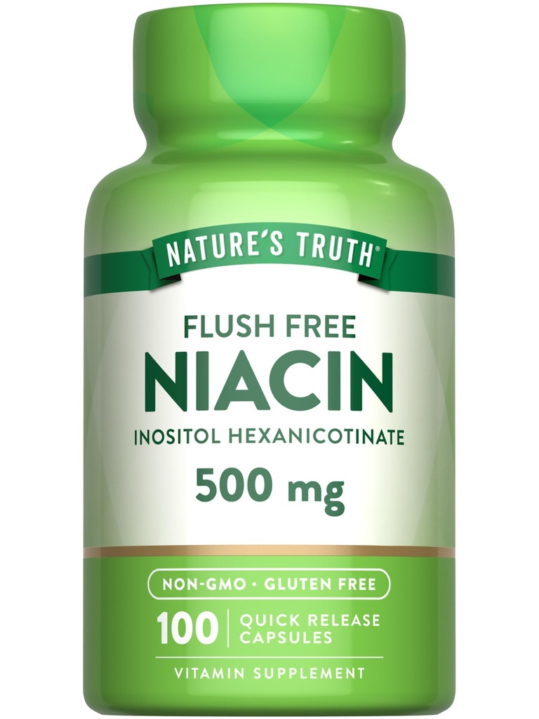 La verdad de la naturaleza Flush Free Niacin TEN 500mg TENIDO 100 cápsulas TENIDO NO GMO &amp; Gluten Suplemento gratuito