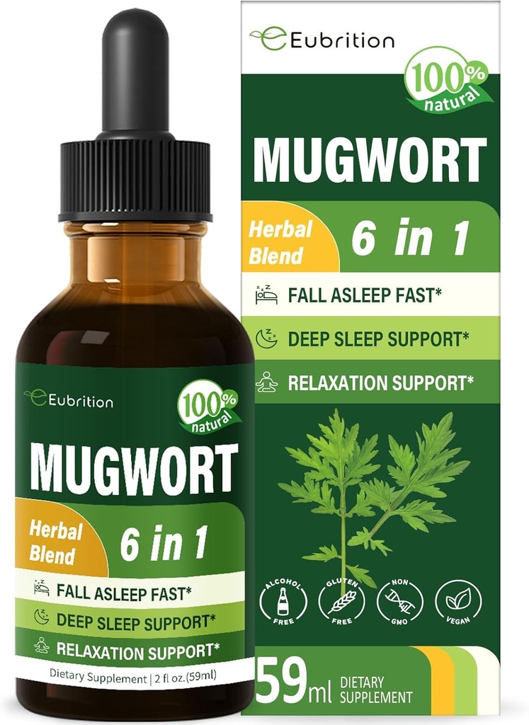 Mugwort Herb Liquid Drops for Sleep Support, Mugwort Leaves(Artemisia vulgaris) Todo en 1 Formula for Relaxation Support, Herbal Supplement with Valerian Chamomile Tulsi Lavender Extract.2oz