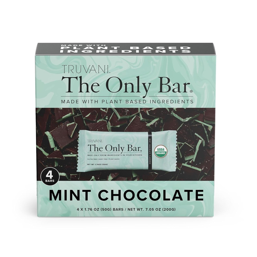 Truvani Plant Based Snack Bars ← Chocolate Mint 4 Pack ← 7g Protein Silencio USDA Orgánica y Vegan ← El único bar ← Dairy, Soy y Gluten Free ← Individualmente Wrapped