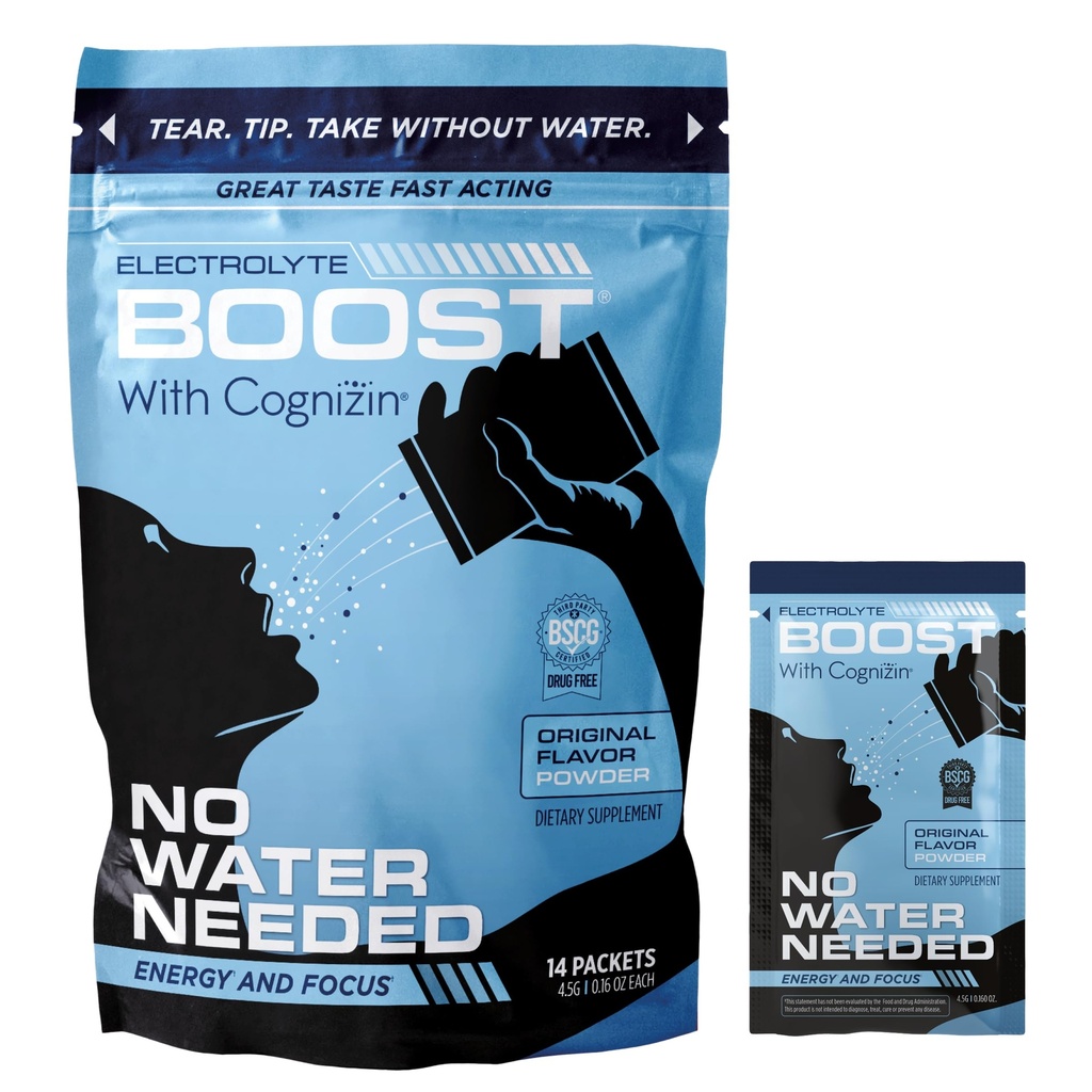 Empaquetaduras de polvo de electrolito con cognizin sin agua, suplemento de hidratación, sin azúcar, sin Stevia, sin cafeína, sin necesidad de agua, disuelve en la boca, 14 Pack