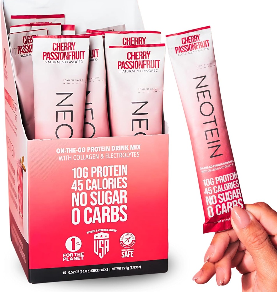 NEOTEIN: Electrolyte Powder Packets, Protein Powder con 10g Protein &amp; Collagen ← Hidration Packets - Zero Sugar, NO Fillers, NO Carbs TEN Cherry Passionfruit TEN 45 Calories Silencio Keto &amp; Paleo TEN Pack of 15