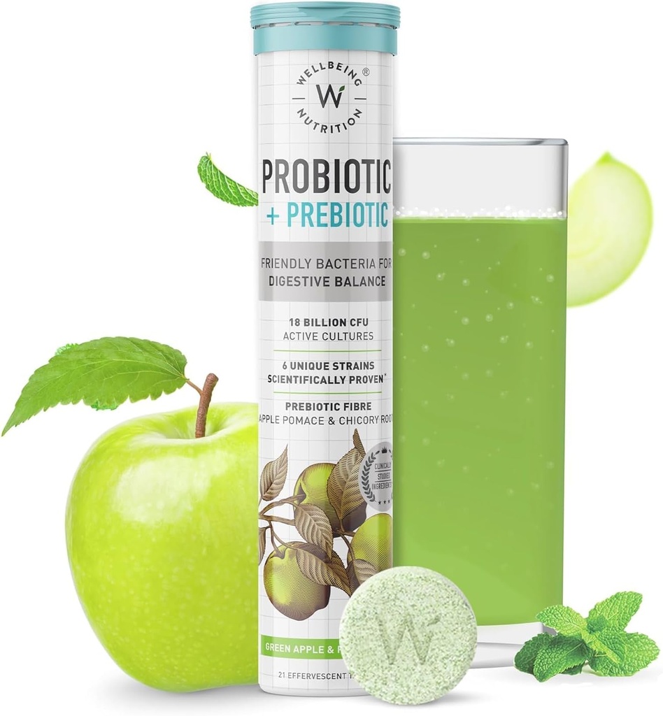Bienestar Nutrición Probióticos diarios + Prebióticos ← Mejorar el metabolismo, Alivio de la acidez, Digestión " Gut Health TENIDO 18 Billion CFU Orgánica Probióticos Suplemento para Hombres " Mujeres (21 Tabs efervescentes)