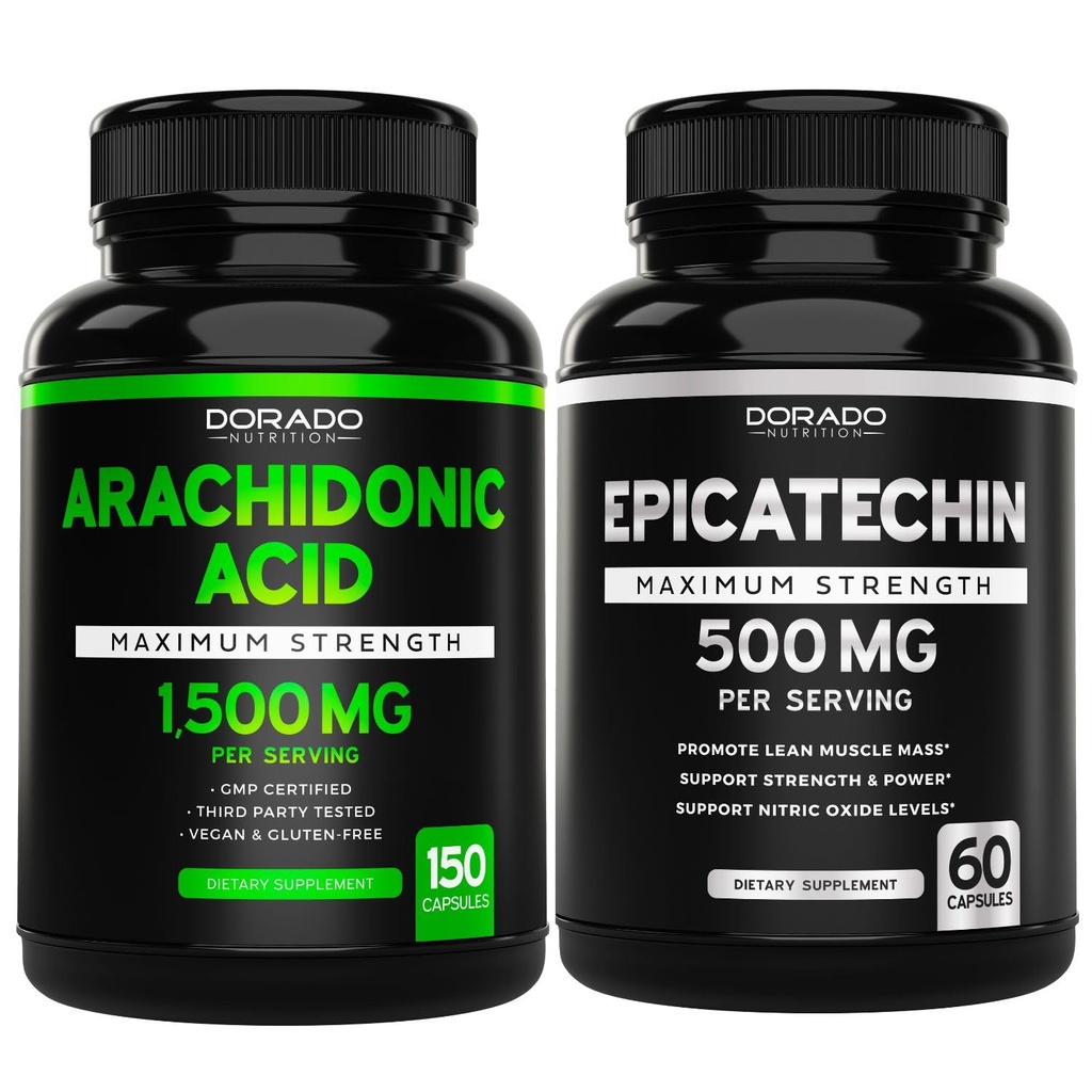Ácido araquidonico (150 cápsulas) - Suplemento musculo y fuerza para la masa muscular &amp; recuperación para hombres y mujeres y el extracto de epicatequín (60 cápsulas) apoya la bomba de músculo magro " Gains - No GMO " Vegan