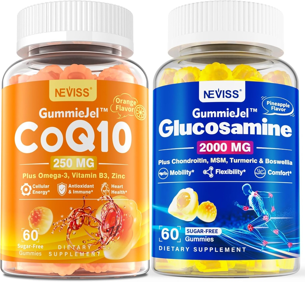 NEVISS 1Pack Azúcar CoQ10-250mg Gummies llenas + 1Pack Azúcar Glucosamina libre Chondroitin MSM Gummies llenas 3100mg para Hombres & Mujeres, 60 Condes