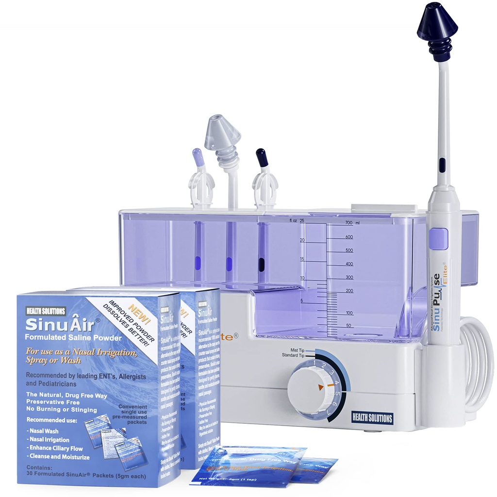 SinuPulse Elite Advanced Nasal Irrigation System - Pulsating Sinus Congestion Relief & Sinus Rinse Machine, More Effective Than Neti Pot, Nose Spray o Nasal Wash Bottle, con 90 SinuAir Packets