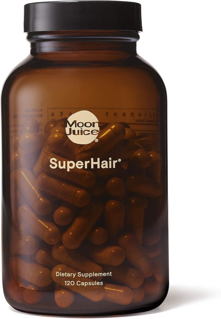 Moon Juice - SuperHair - Botella (120 cápsulas) - Vitaminas de Crecimiento del Pelo - Multivitaminas & Ashwagandha Orgánica - Botella de vidrio reutilizable - 3rd Prueba de la fiesta - 100% Traceable - Vegan, Gluten Gratis, No GMO