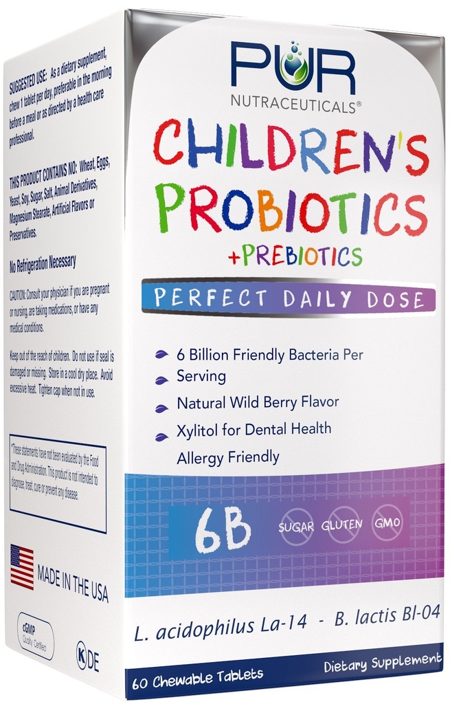 Probióticos para niños + Prebióticos * 6 Billones CFUs/Serving * 60 Tablas Chewable * 2 Mes Fuente * con Prebióticos Sunfiber® &amp; FOS para 10X Más Eficacia * 100% Todo Natural * Hecho en EE.UU.