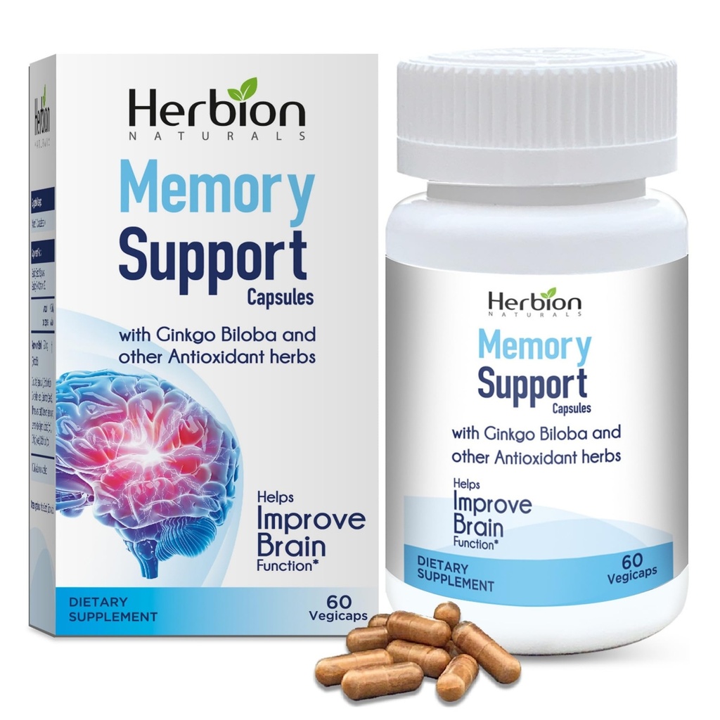 HERBION Naturals Memory Support Capsules, ayuda a mejorar la función cerebral " Absent Mindedness, mantiene niveles saludables de mood con Ginkgo Biloba, para adultos, 60 cuenta, paquete de 1