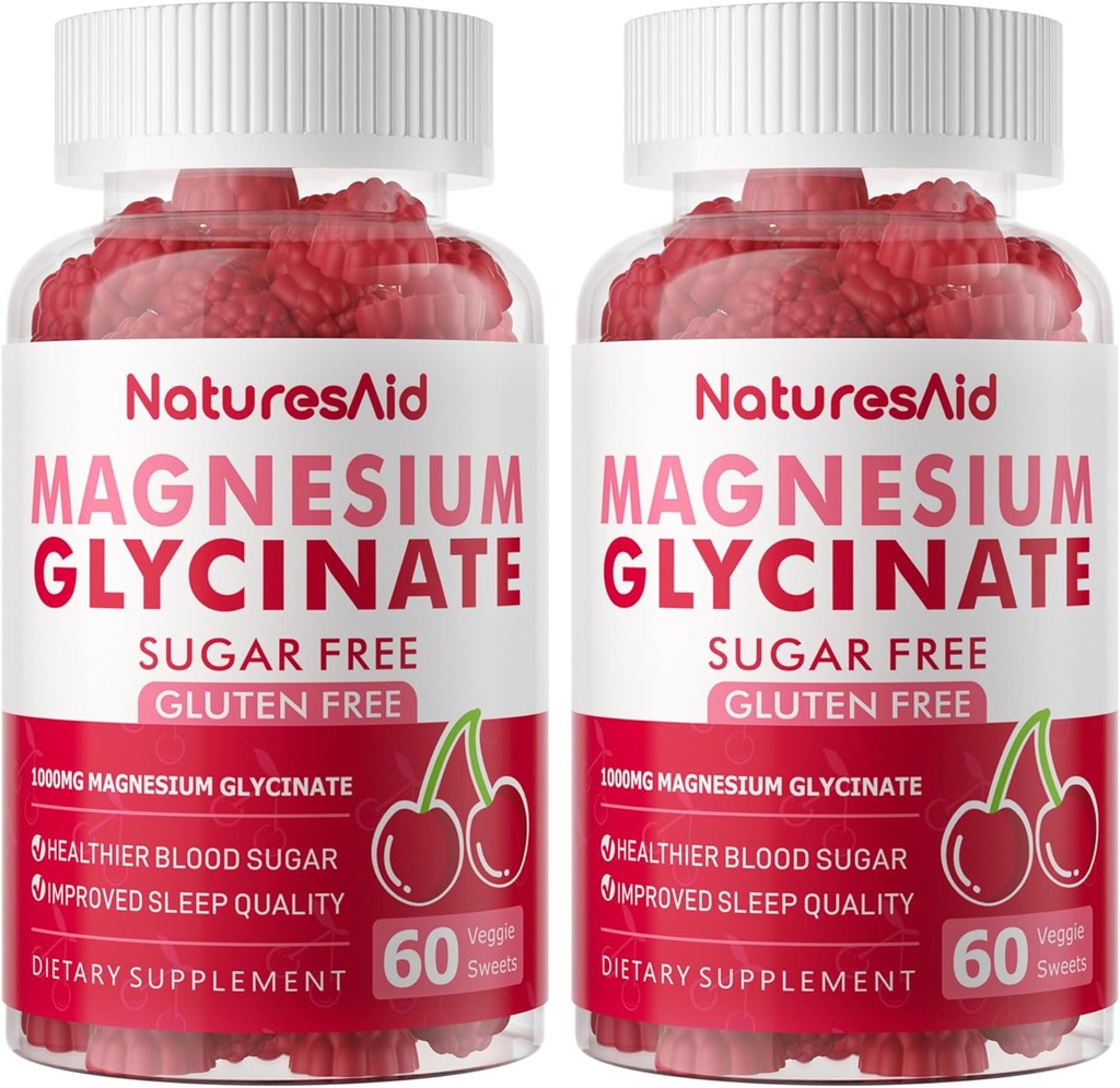 Natures Aid Magnesium Glycinate Gummies 1000mg - Suplemento de Potasio de Magnesio Libre de Azúcar con Vitamina D, B6, CoQ10 para calma Mood & Sleep Support - 120 Cherry Gummies -2 Pack