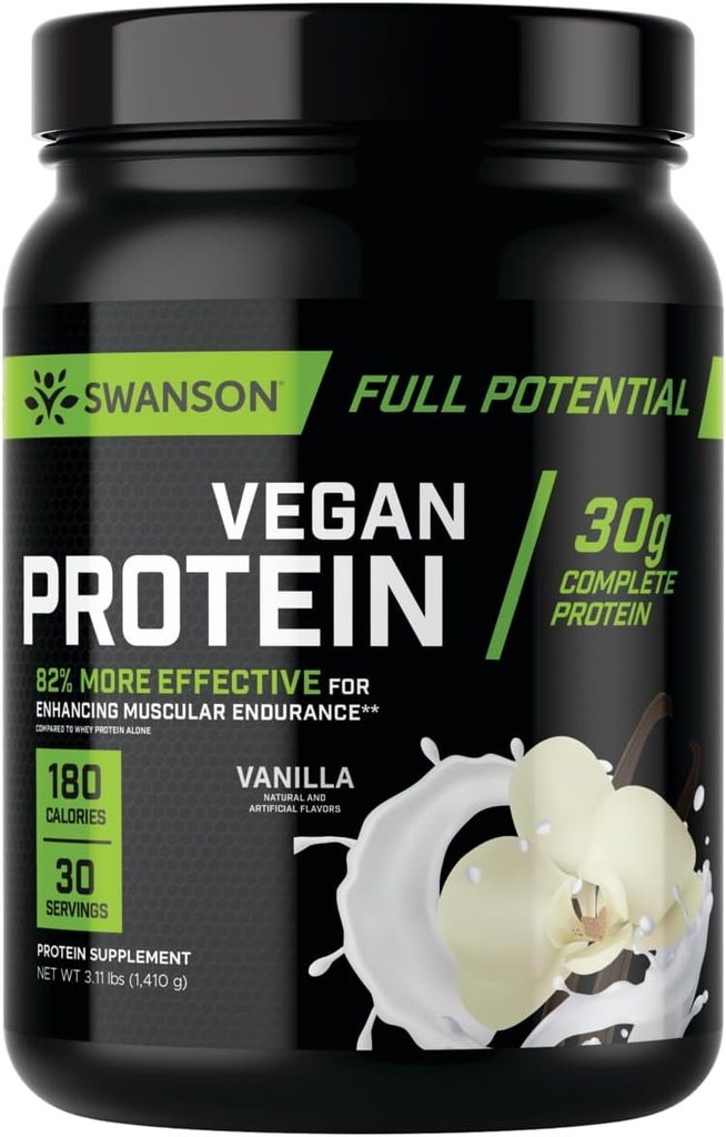 Swanson Full Potential Vegan Protein - Vanilla Flavor, Pólvora entera de proteína vegana para el edificio del músculo y la recuperación - 30 g