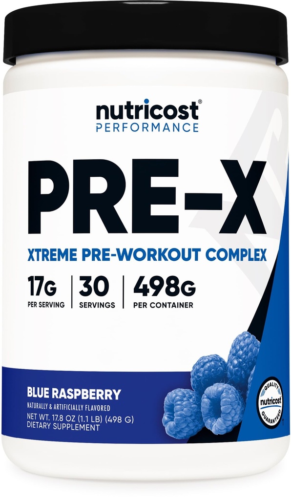 Nutricost Pre-X Xtreme Pre-Workout Powder Complex, Blue Raspberry, 30 Servings, Vegetarian, Non-GMO y Gluten Free