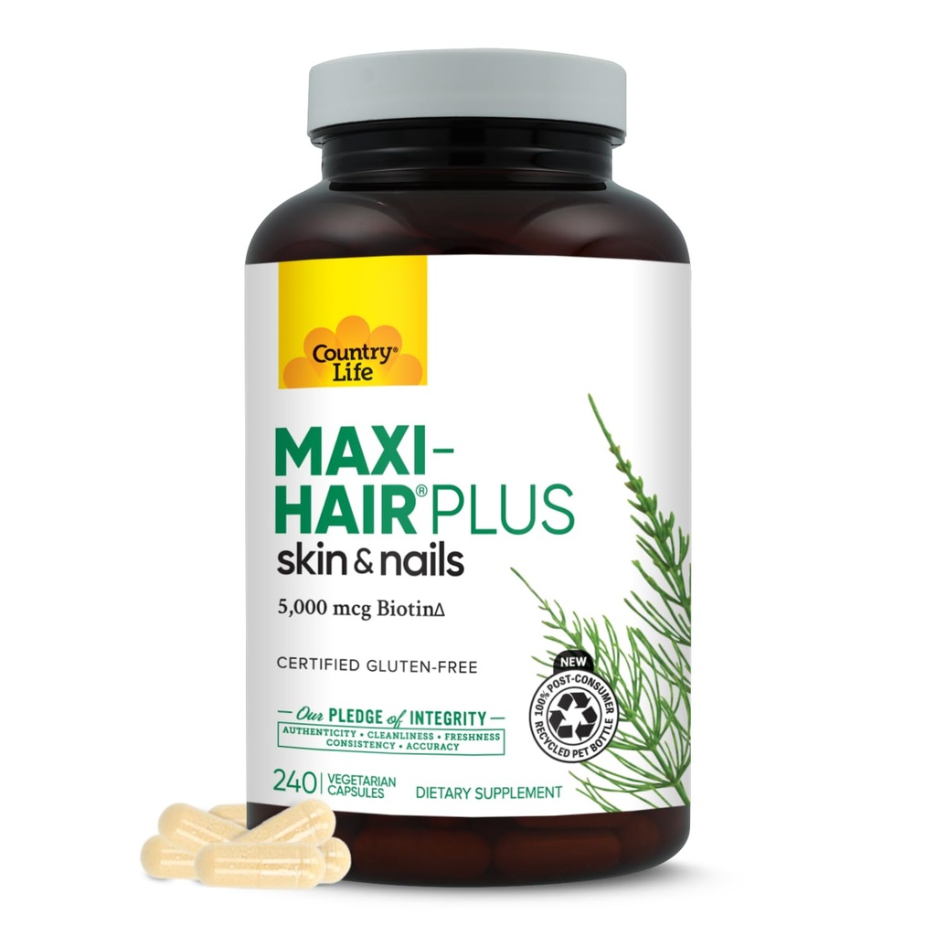 Country Life, Maxi-Hair Plus Biotin, soporta el cabello saludable, la piel y las uñas, suplemento diario, 240 ct