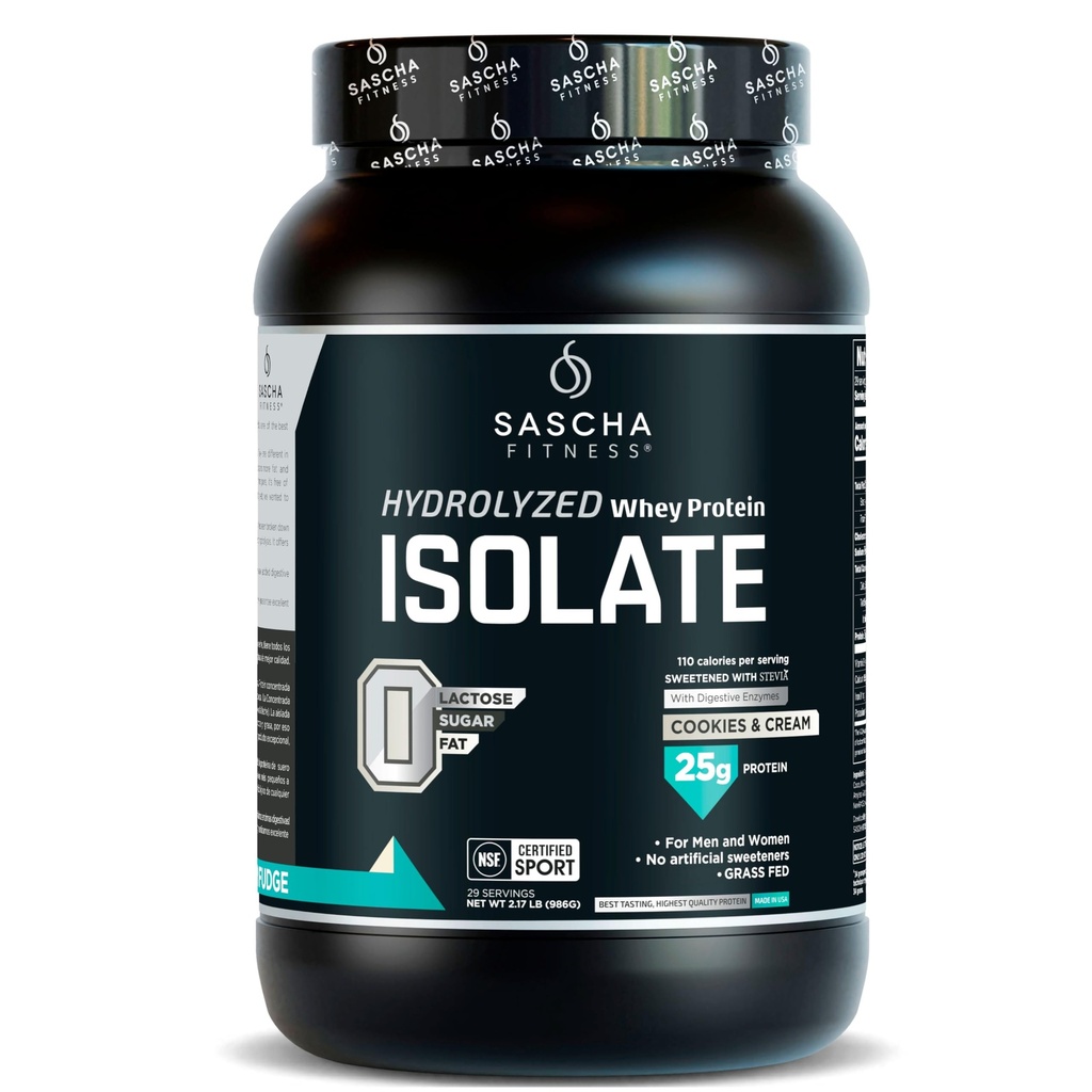 SASCHA FITNESS Hidrolyzed Whey Protein Isolate,100% Grass-Fed (2 Libras, Cookies &amp; Crema)