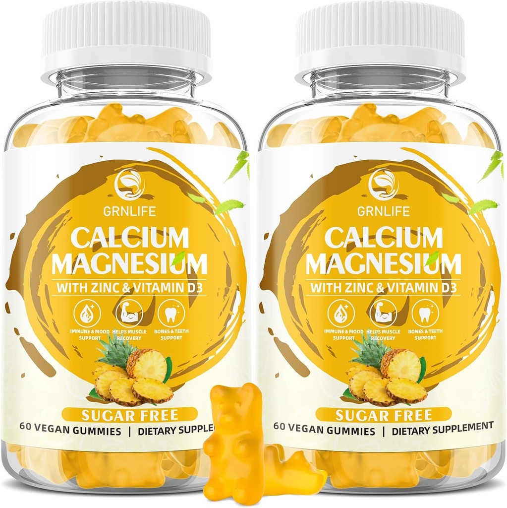 Calcium Magnesium Zinc Gummies with Vitamin D3, Sugar Free Calcium Gummies for Women Men, High Potency Magnesium for Bone &amp; Muscle & Immune Health, Pineapple Flavor - 120 Count