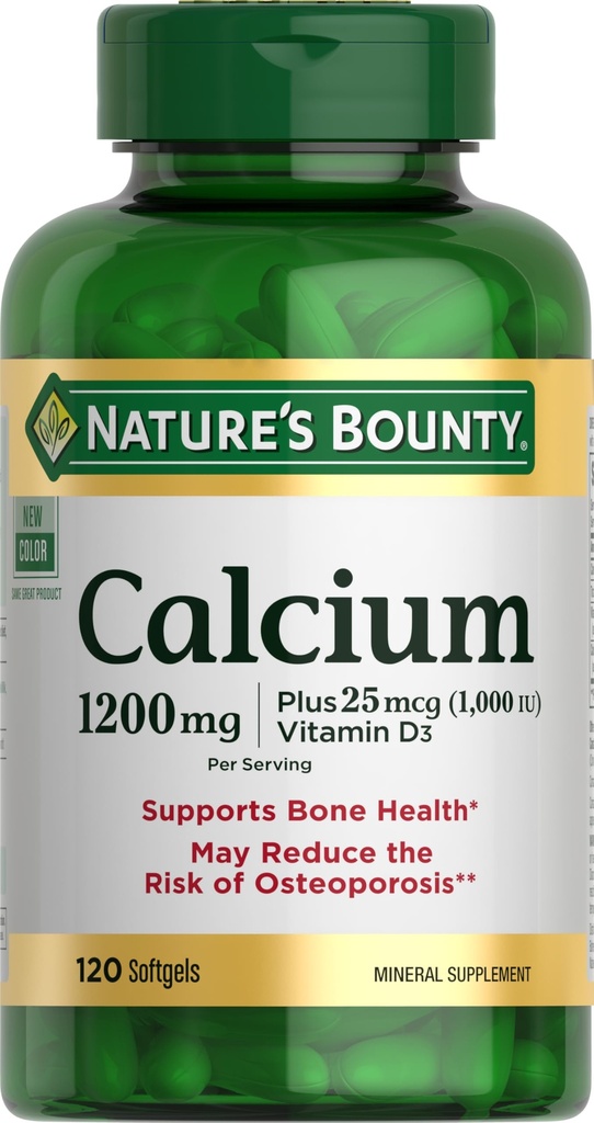 Rebote de la naturaleza Calcio 1200 mg con 1000 UI Vitamina D3 - Hueso de salud Softgels, Calcio y Vitamina D Suplemento, Gluten Gratis, 2 Softgels por día, 120 ct (Pack de 1)