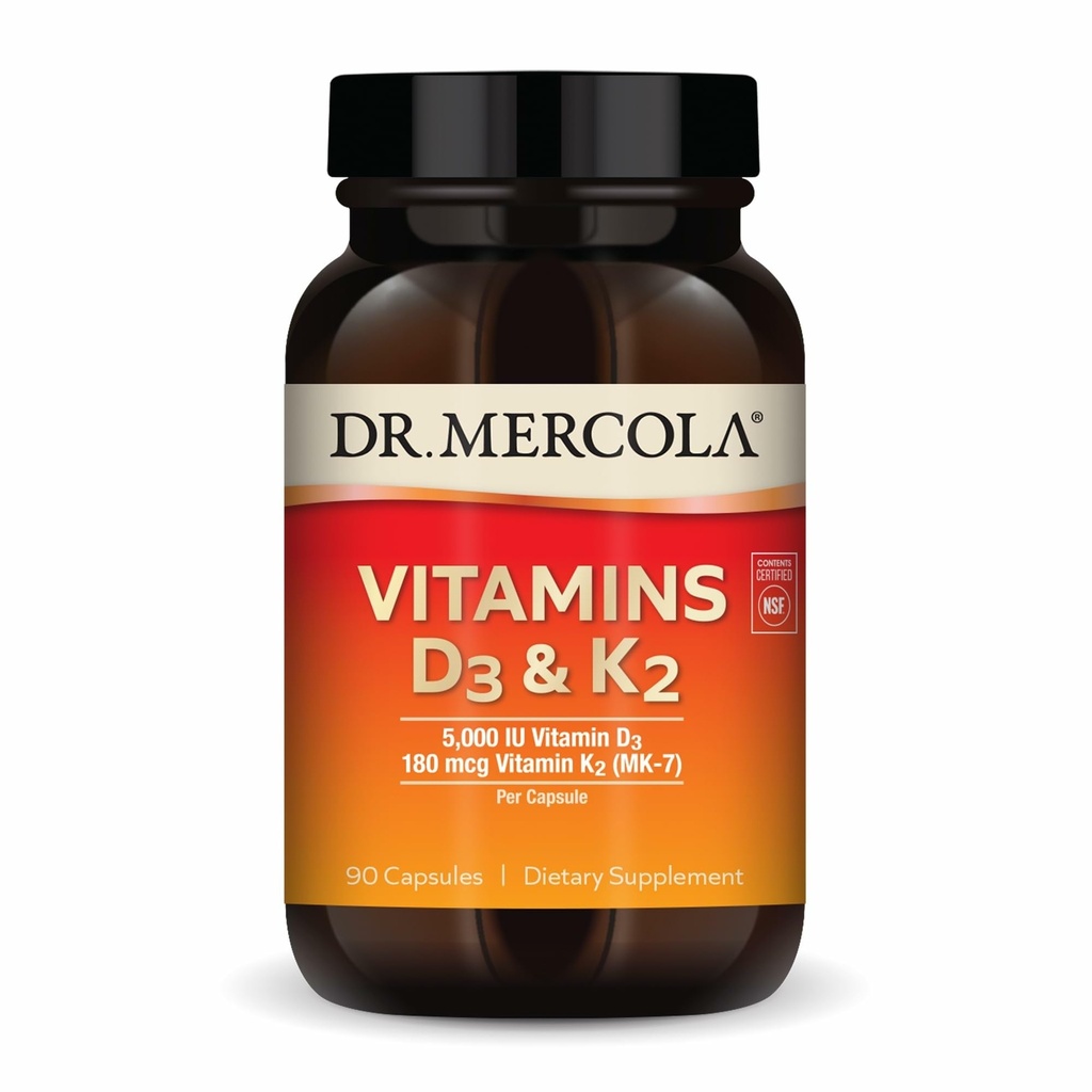 Dr. Mercola Vitaminas D3 &amp; K2 Suplemento dietético, 90 Actuaciones (90 cápsulas), apoya la salud del corazón, apoyo inmunitario, no transgénico, soy libre, sin gluten