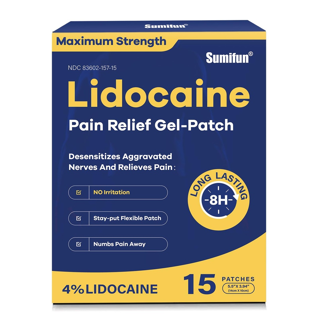 Sumifun 4% Lidocaine Pain Relief Patches 15 Condes Maximum Strength Numbing Gel Patch for Back Knee Neck Joint Ache Muscle Soreness Topical Analgesic
