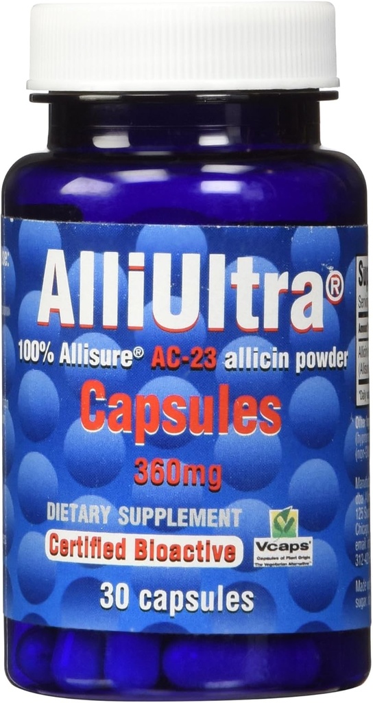 AlliUltra Capsules 360mg – 30 Conde peru High Strength Stabilized Allicin suplemento de ajo para soporte natural de inmuno, basado en plantas, no GMO, Vegan, Hecho en Reino Unido