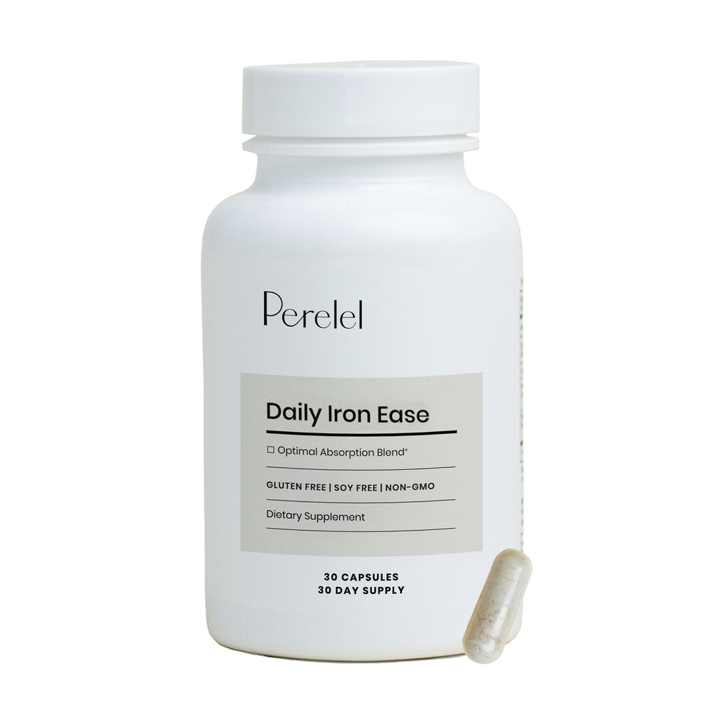 Perelel Daily Iron Ease, 15MG Iron Suplementos con Magnesio, Vitamina C, " Vitamina B12 para Nutrientes " Energy Support, Capsules for Women and Men, Soy, Dairy " Gluten Free, Non GMO, 30 Pills