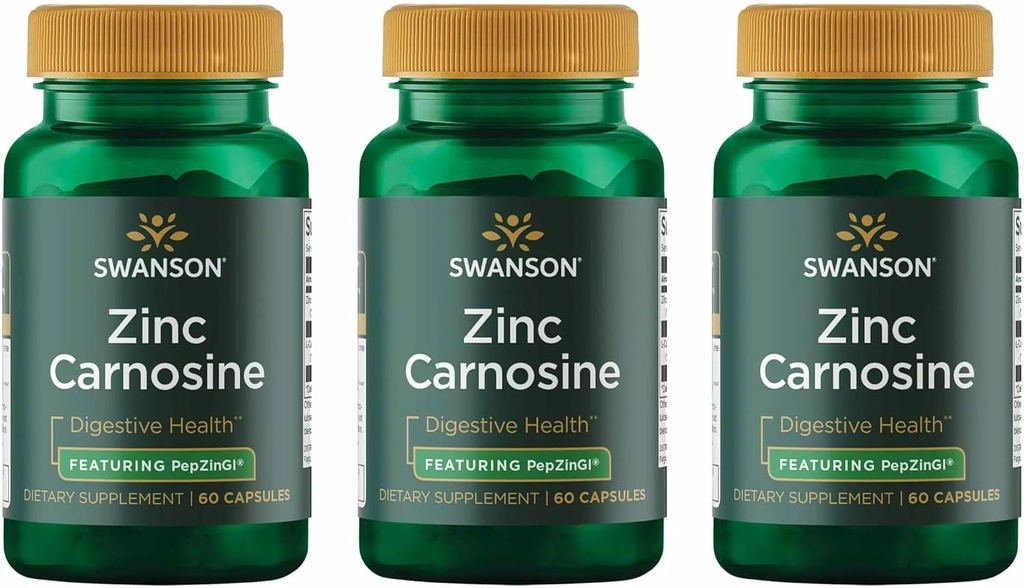 Swanson Zinc Carnosine (PepZin GI) - Suplemento Natural Promoción de la Salud Gástrica & Apoyo Digestivo - Apoyo al equilibrio microbiano en el estómago - (60 cápsulas) (3 Pack)