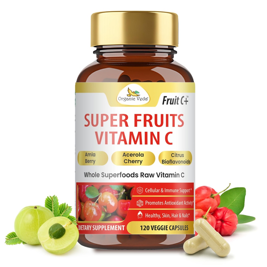 Superfruits de Veda Orgánica Vitamina C Capsule con Acerola Cherry &amp; Amla Berry - Alimento completo Vitamina Natural C Suplemento con Citrus Bioflavonoides para la Inmunidad, Celular &amp; Salud de la Pills - 120 Píldoras Veganas