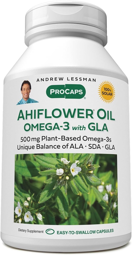 ANDREW LESSMAN Ahiflower Omega-3 con GLA - 240 Softgels - Fuente de ácidos grasos Omega-3 de base vegetal única equilibrada. No estrangulamiento, contaminación o mercurio. Fácil de Tragar