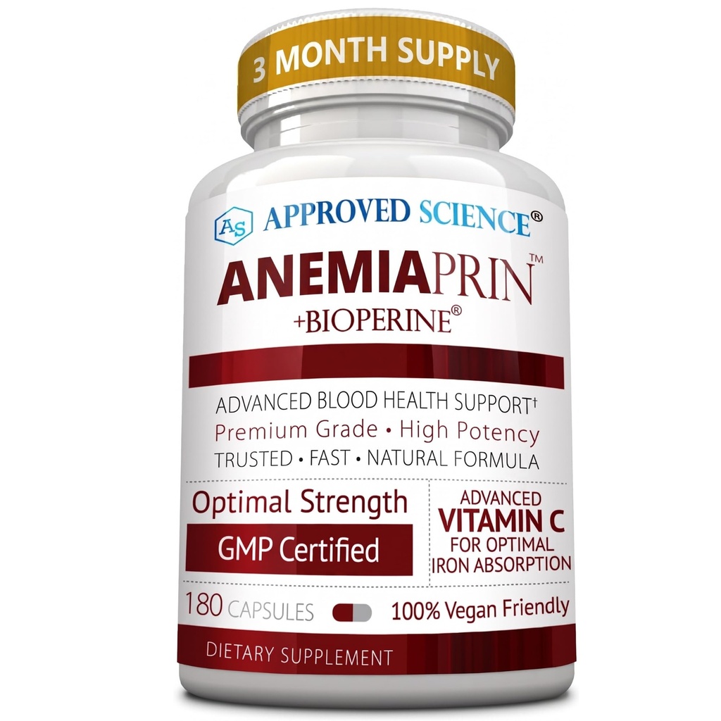 Anemiaprin de ciencias aprobadas - Hierro Absorbable, Vitamina C - Gentle On Stomach - 180 cápsulas - 3 meses de suministro - No GMO, Vegan