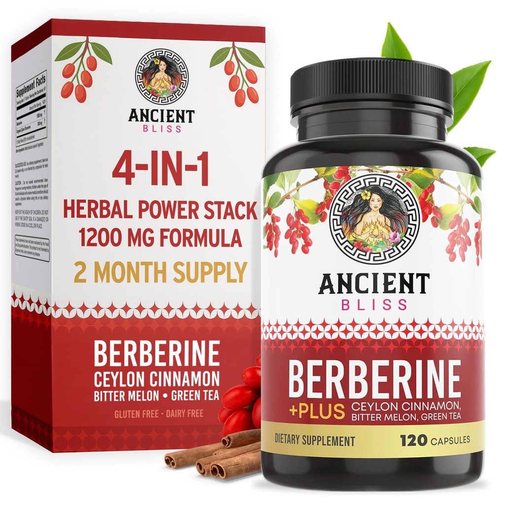 Antigua Bliss Berberine HCL 1200mg con canela de Ceylán, Melón de Bitter y Tetera Verde Extracto - 120 cápsulas