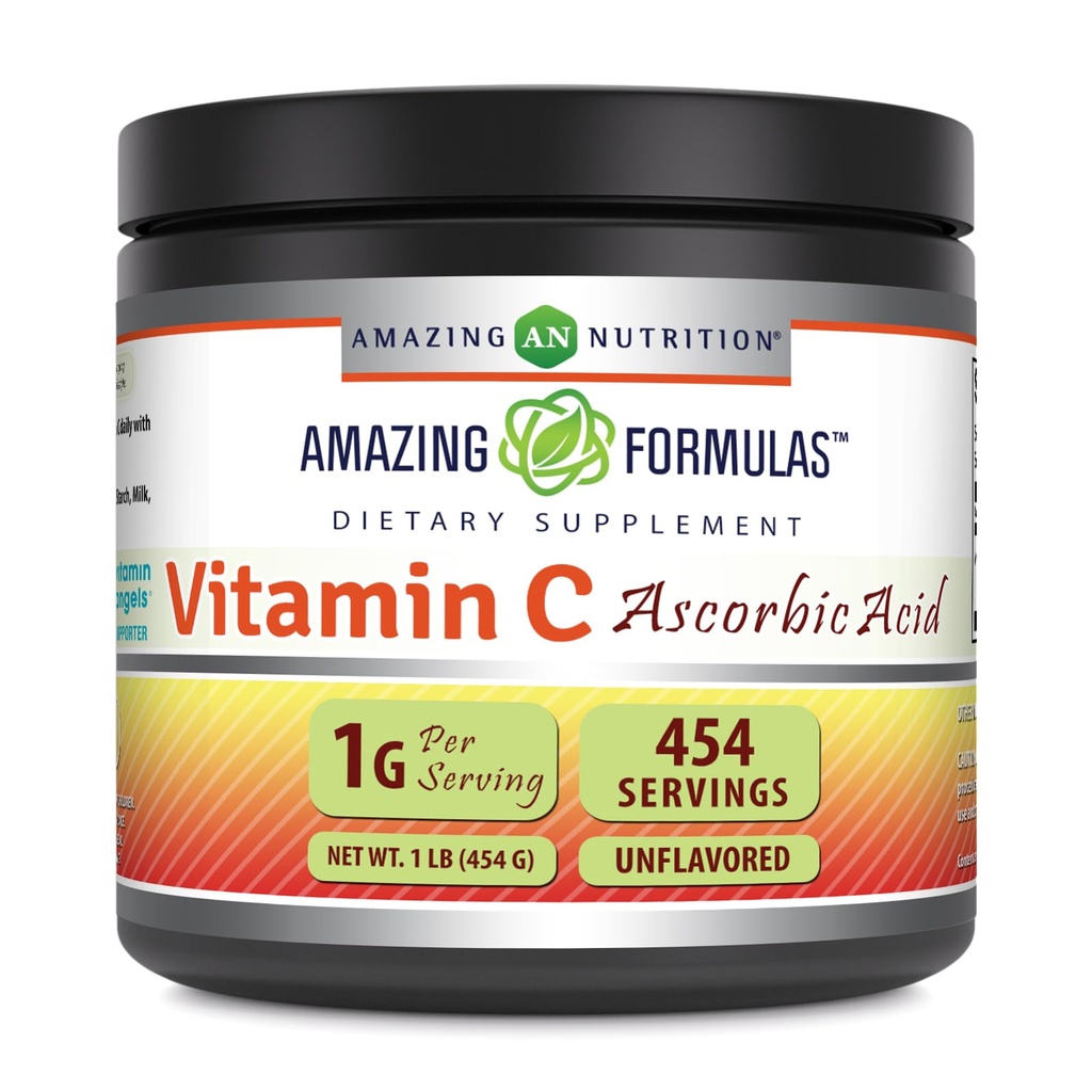 Fórmulas asombrosas Suplemento de vitamina C Polvo TENIDO Ácido ascórbico 1 Gram per Serving TEN 454 Serviciones por Container TEN NO-GMO TEN Gluten-Free TEN Made in USA