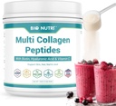 BIO NUTRI Collagen Peptides Powder Multi-Type (I, II, III, V, X) con Biotina & ácido hialurónico para el cabello, piel, uñas &amp; juntas, desflavorado, 16oz