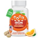 Niños de hierro 10 mg con vitamina C 50mg Tablas Chewable - Saborado natural sabroso - Vegan, Vegetariano, libre de transgénicos, nuez gratis - Suplemento dietético de hierro - Formación de sangre para niños - 120 Chewables