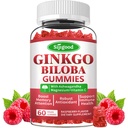 Ginkgo Biloba Gummies con Panax Ginseng y Magnesium, Ginkgo Biloba Suplementos para Focus, Memory y Brain Health para Adultos &amp; Niños, Vegan Raspberry Flavor Gummies, 60 Condes