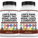 León Mane Mushroom Suplemento con Turquía Tail Reishi Cordyceps Chaga con Marshmallow Root - 2-Pack