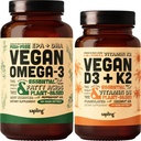 Vegan Omega 3 180 Softgels & Vegan Vitamina D3 + K2 Supplement Bundle - Plant-Based DHA &amp; EPA Fatty Acids, 4000 UI Vitamina D3 y 100mcg Vitamina K2 como Mk7 - Tapioca Softgels