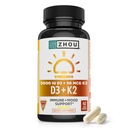 Zhou D3+K2 - Vitamina D3 K2 Suplemento para Hombres, Immune Support Vit D3 y K2 Suplementos, Pura Fórmula Vegetariana con 5000 UI de D3 y MK-7 - 60 cápsulas vegetales (Pack of 1)