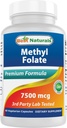 Best Naturals Metil Folate 7500 mcg (7.5mg) (Most Bio-Available) Veggie Capsule - Apoya Función de Formación Celular Crecimiento, Cerebro, Memoria, Salud Cardiovascular, 60 Cuenta
