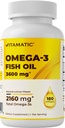 Vitamatic Triple Strength Omega 3 Fish Oil 3600mg Por Serving, 2160mg Omega 3 ácidos grasos, 1296mg EPA + 864mg DHA, Burpless Lemon Flavor, 180 Softgels
