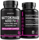 Nattokinase Suplemento 4000 FU CoQ10 100mg Francés Marítimo Pine Bark Extracto 200mg con Enzymes para Circulatory " Cardiovascular Support (Pack of 1 at 120-Caps)