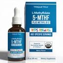 Orgánicas Methylfolate + Metil B12 Cofactor - Orgánica Berry Flavor, Forma Sublingual - 5-MTHF Forma, Forma Superior de Folate - Dosis Ajustable para Todas las Edades - Mood, Comportamiento, Cognición - 1 oz.