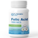 Puregen Labs Folic Acid 1000 mcg Tablets ← Vitamin B9 ← No-GMO Silencio Gluten Free ← Hecho en EE.UU.