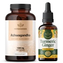 HerBAMAMA Ashwagandha y kit de jengibre tormérico - Agrupo de 1500 mg Ashwagandha Root Capsules " Turmeric Ginger Tincture 2 fl oz - Vegan, No GMO, Azúcar " Sin alcohol - 2 Pack