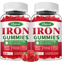 2 Empaquetaduras de hierro para hombres y mujeres - Suplemento de hierro vegano para la anemia " Deficiencia de hierro, con vitamina B12, vitamina C, zinc, folato - Energía libre de azúcar, sabor a fresa, 120 conteo