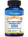 120 cápsulas entrega 500 mg de vitamina B1 en este suplemento de Benfotiamina, que es no GMO, Vegan y Gluten-Free