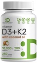 SUPLEMENTO DEAL Vitamina D3 10,000 UI + K2 MK7 200mcg Softgels, 250 Conteo vivir 2-en-1 Complejo con aceite de coco virgen latitud fácil de absorber