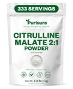Purisure L Citrulline Malate 2:1 Polvo, 1 kg, Suplemento y Nitrato para el rendimiento y la energía de fuerza, Pre-Workout L Arginine L Citrulline Suplemento Polvo, 334 Servimientos