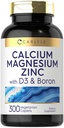Carlyle Calcium Magnesium Zinc D3 Silencio 300 Caplets Silencio con Boron Silencio Vegetariano, No GMO &amp; Gluten Suplemento Libre